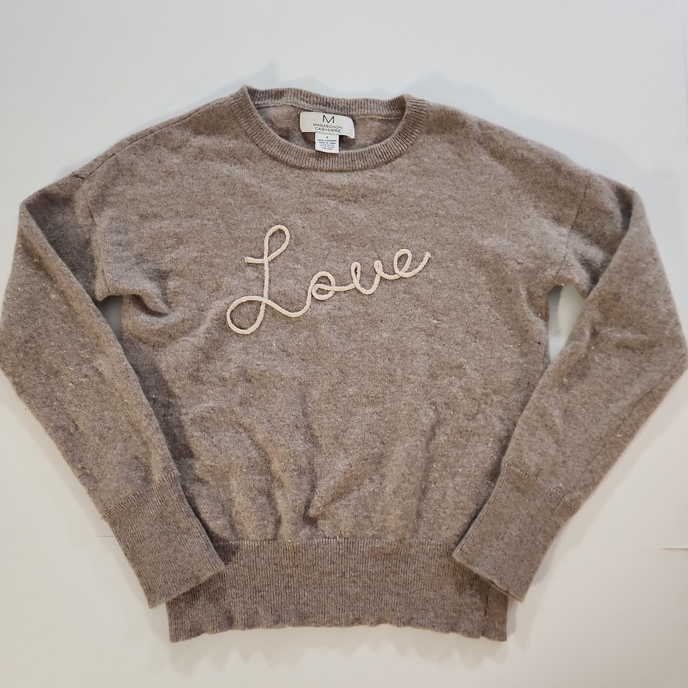 Magaschoni, 100% cashmere Brown graphic "Love" crewneck sweater, size S Small